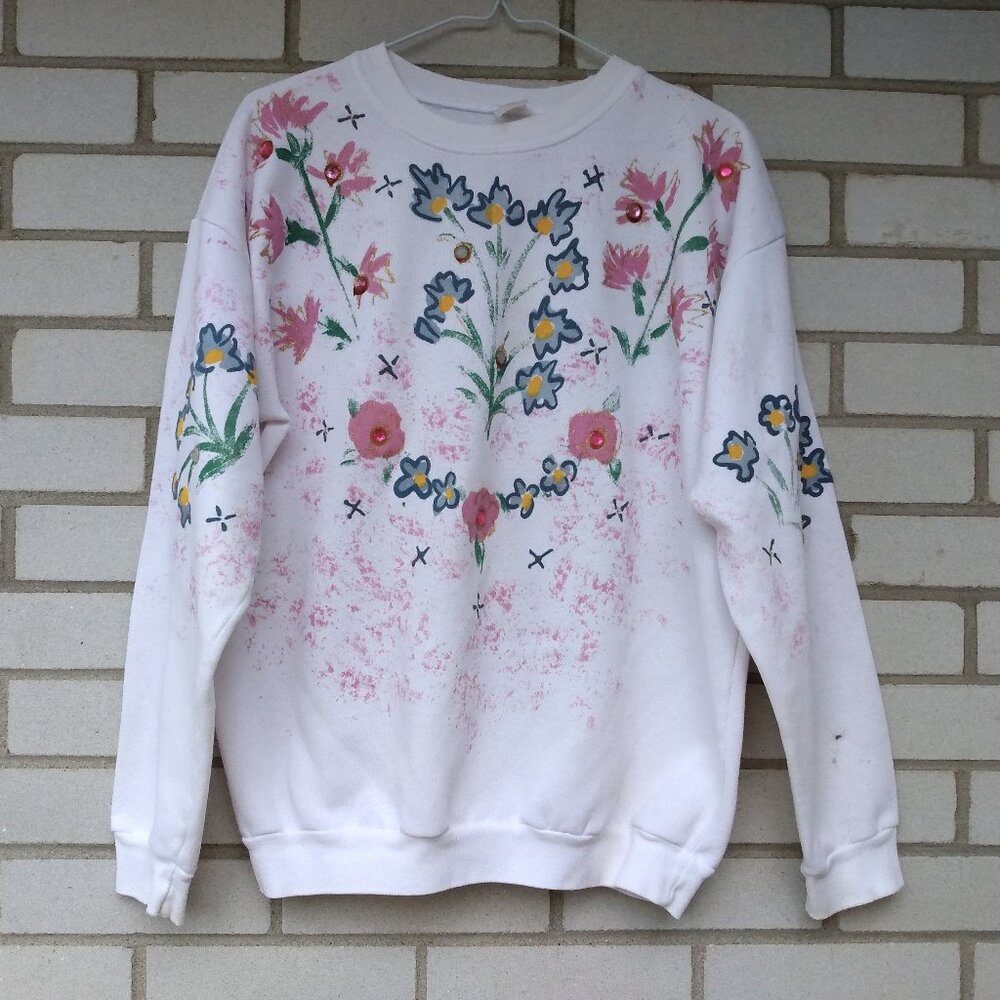 Vintage Hand Painted Bejeweled Sweatshirt White Pink Floral 44" Bust